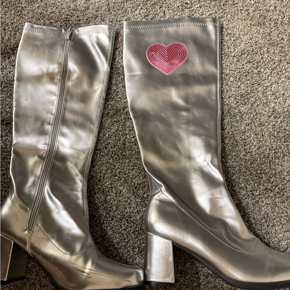 Sabrina Carpenter Juno Boots Silver Knee-High Boots with Pink Heart Accent